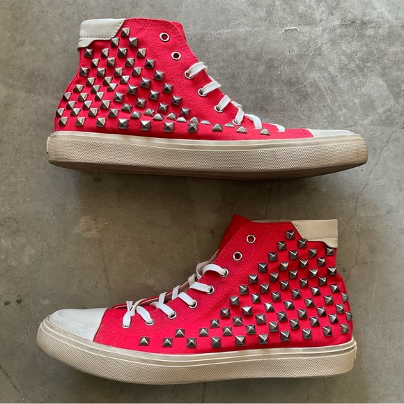 NEW Men's YSL Saint Laurent red leather trimmed studded high top size 44 US 11 - Picture 3 of 8
